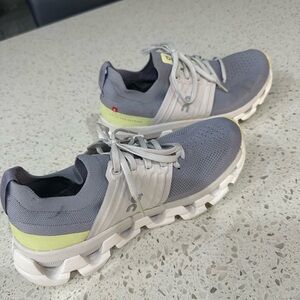 On cloud Women's Knit Lace-Up Sneakers in light purple and yellow accent